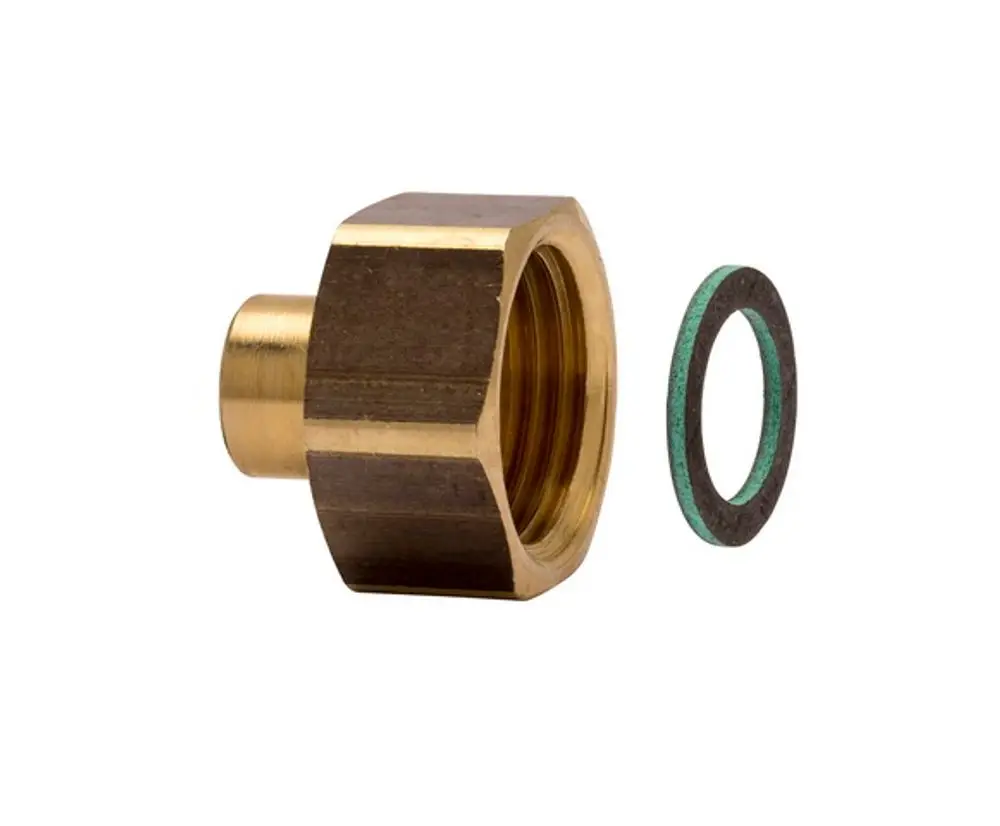 Brass fitting with a hexagonal shape and internal thread, accompanied by a green washer. Manufactured by IMI Hydronic Engineering for connecting plumbing components.